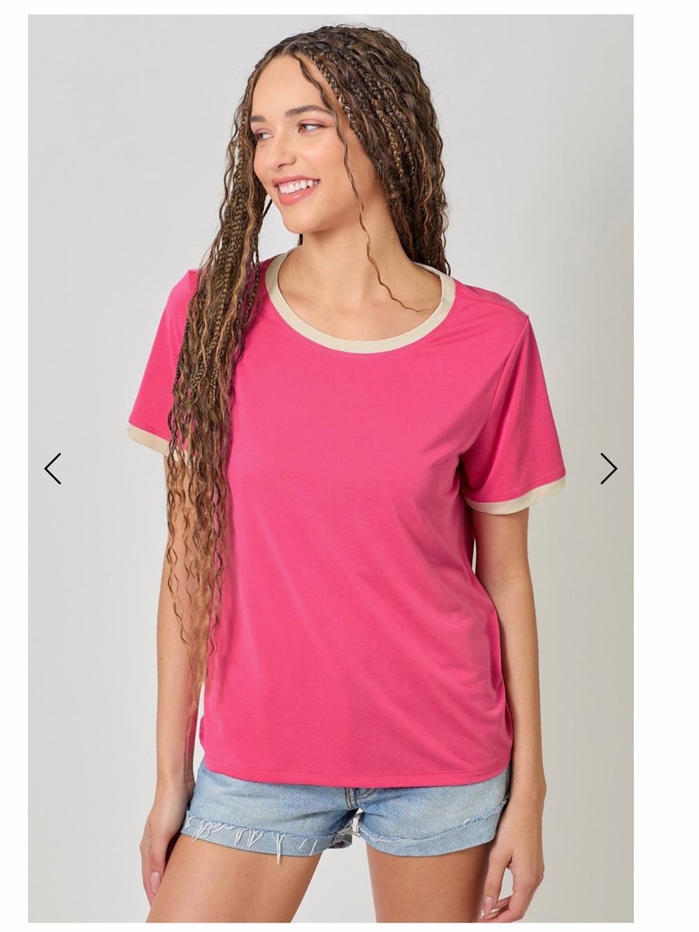 NWT Mystree Fuchsia Pink Ringer Tee Cream Contrast Trim Modal Blend Relaxed